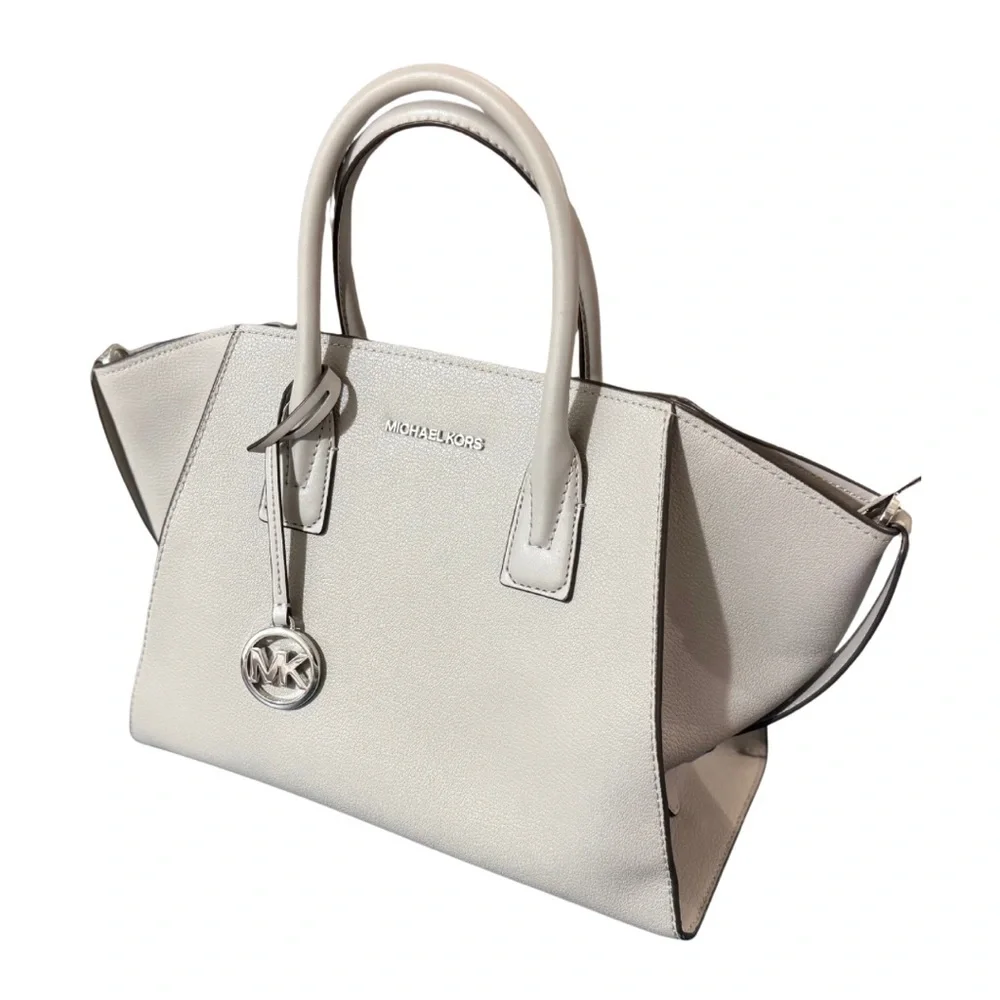 Michael Kors Avril Medium Satchel Cement Grey Pebbled Leather Handbag - Picture 2 of 10